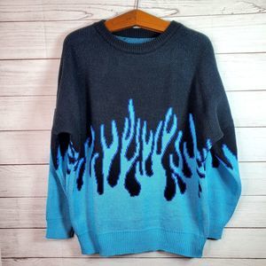 Womens Sweater Black Blue Flames Heavy Knit Long Sleeves Pullover One Size
